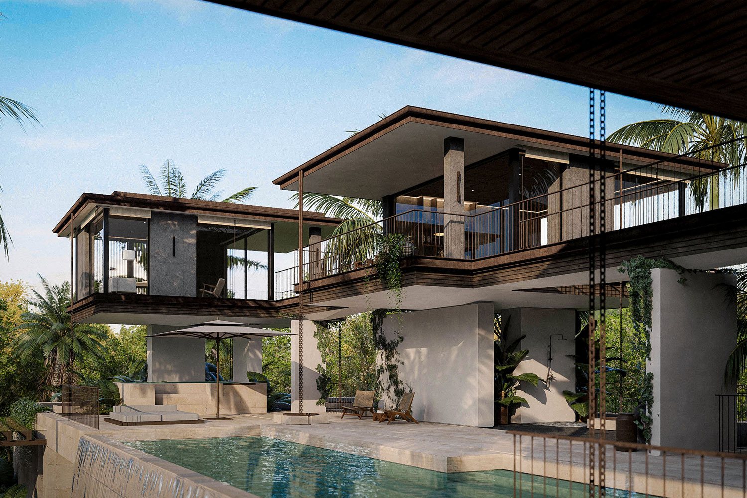 Cantilevered upper floor of an architect-built Sumbawa villa overlooks a pool terrace with loungers.