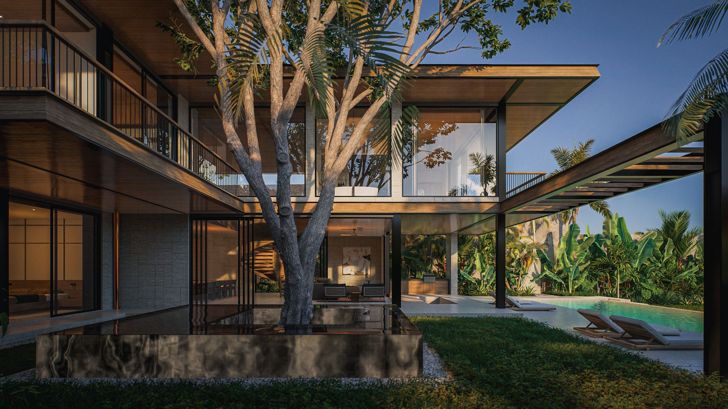 A mature tree rises from a reflecting pool in the courtyard of this Sumbawa architect's villa.