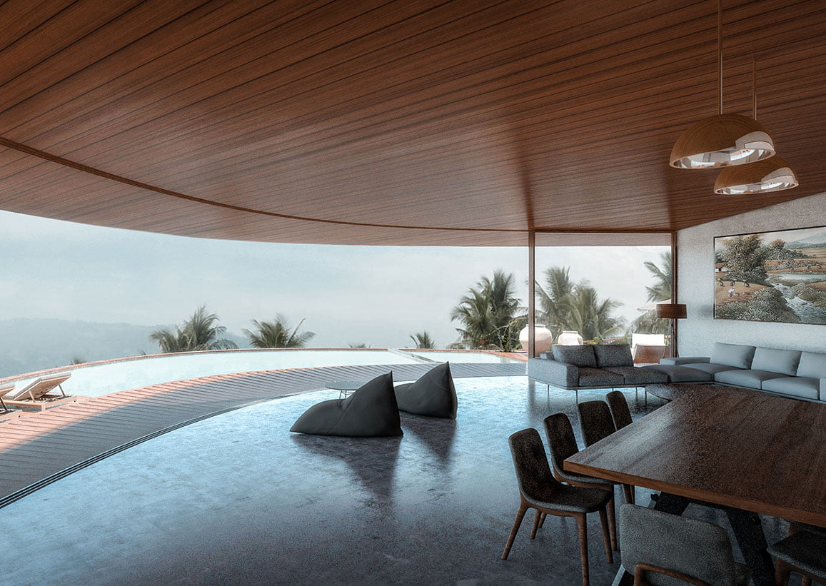Curved timber ceiling frames a dining area overlooking the pool in this Kalimantan architect project.